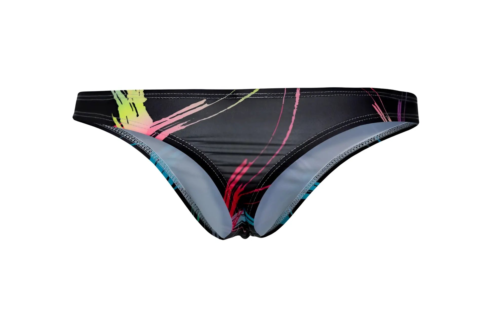 Black bikini bottom Pikante PIK 1077 nucleus thongs with neon pink yellow and blue abstract brushstroke patterns on stretchy fabric