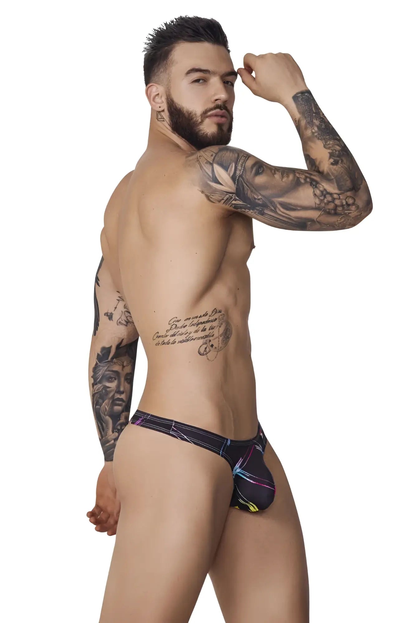 Pikante PIK 1077 Nucleus thongs in black with black and purple pattern and neon accent lines for men