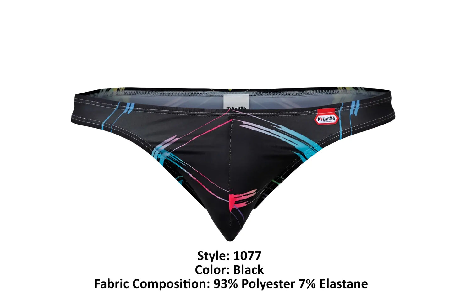 Black Pikante PIK 1077 Nucleus thongs with vibrant blue and pink geometric lines made of 93 polyester 7 elastane