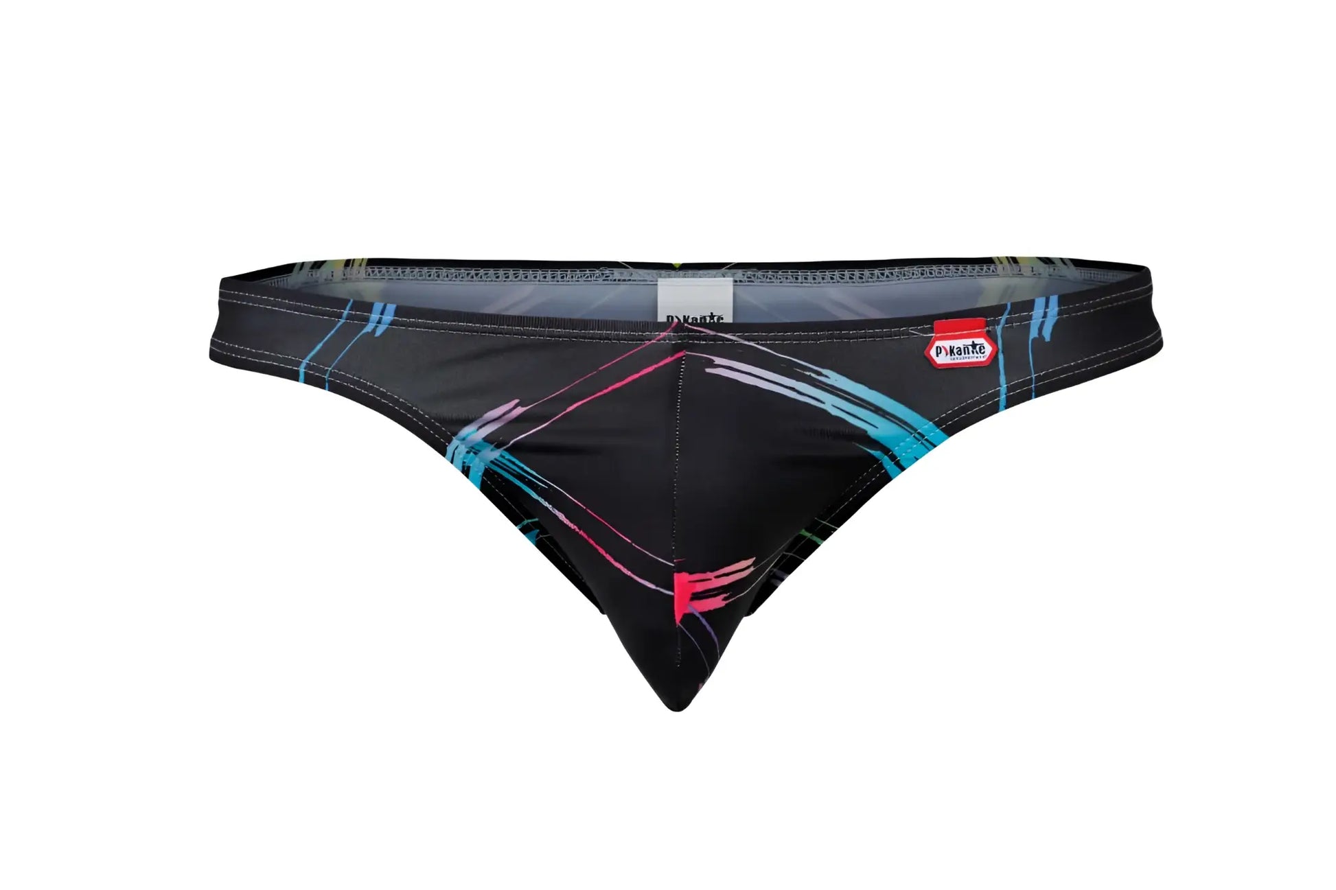 Pikante PIK 1077 Nucleus thongs black swim trunks with bold abstract blue pink and white brushstroke design