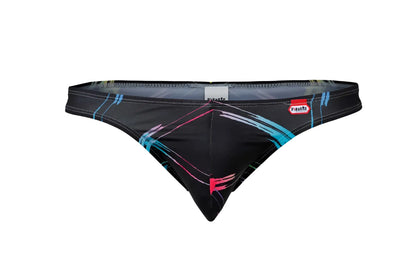 Pikante PIK 1077 Nucleus thongs black swim trunks with bold abstract blue pink and white brushstroke design