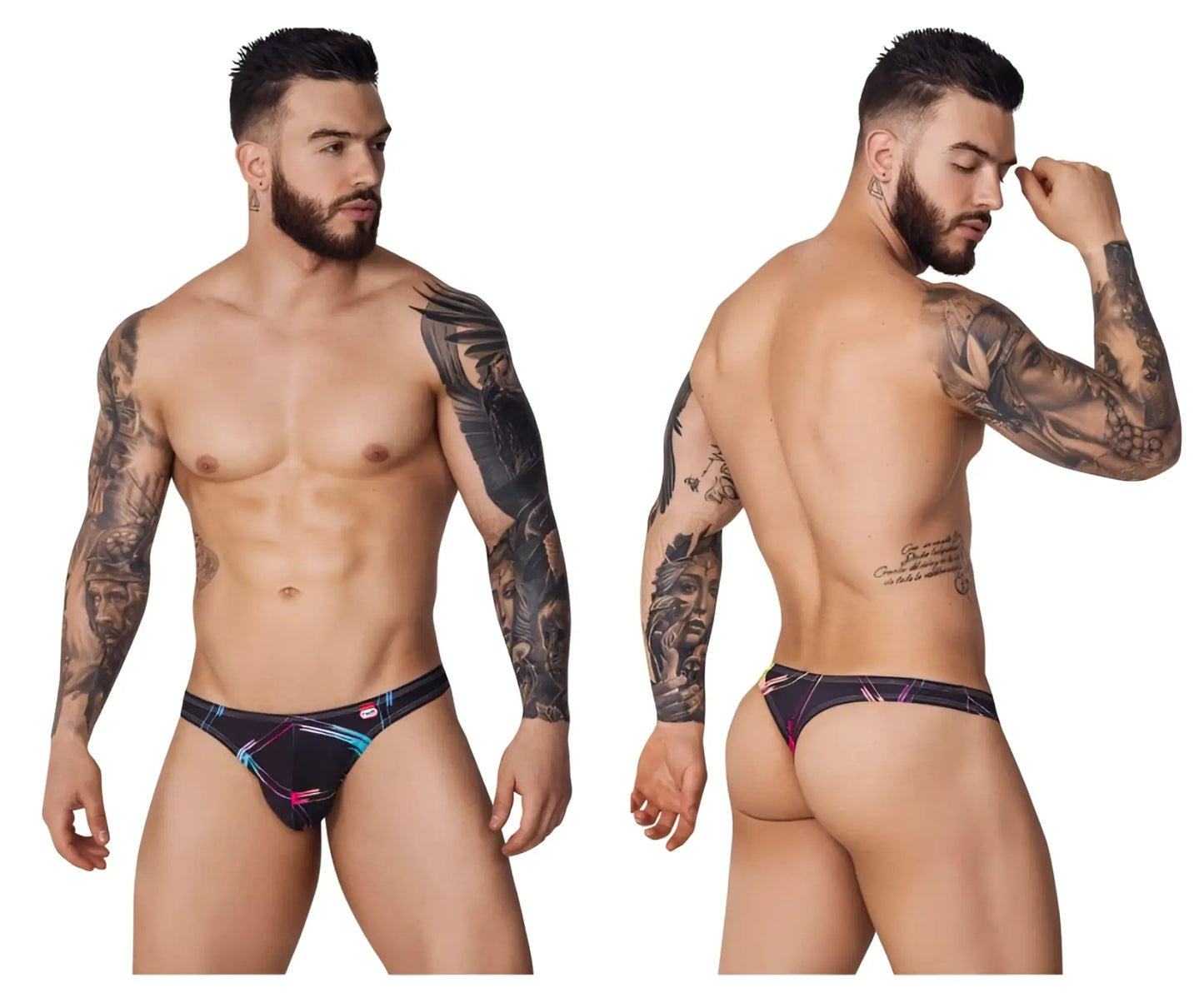 Black Pikante PIK 1077 nucleus thongs with vibrant pink blue and white geometric pattern briefs front view