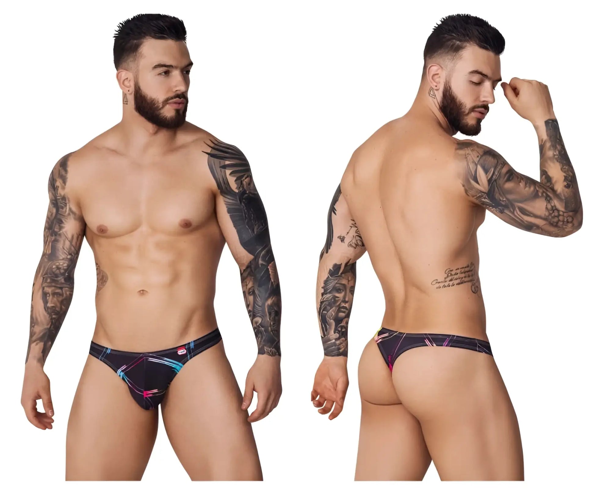 Black Pikante PIK 1077 nucleus thongs with vibrant pink blue and white geometric pattern briefs front view