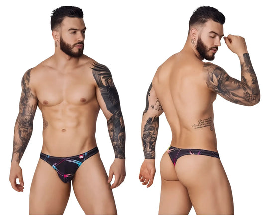 Black Pikante PIK 1077 nucleus thongs with vibrant pink blue and white geometric pattern briefs front view