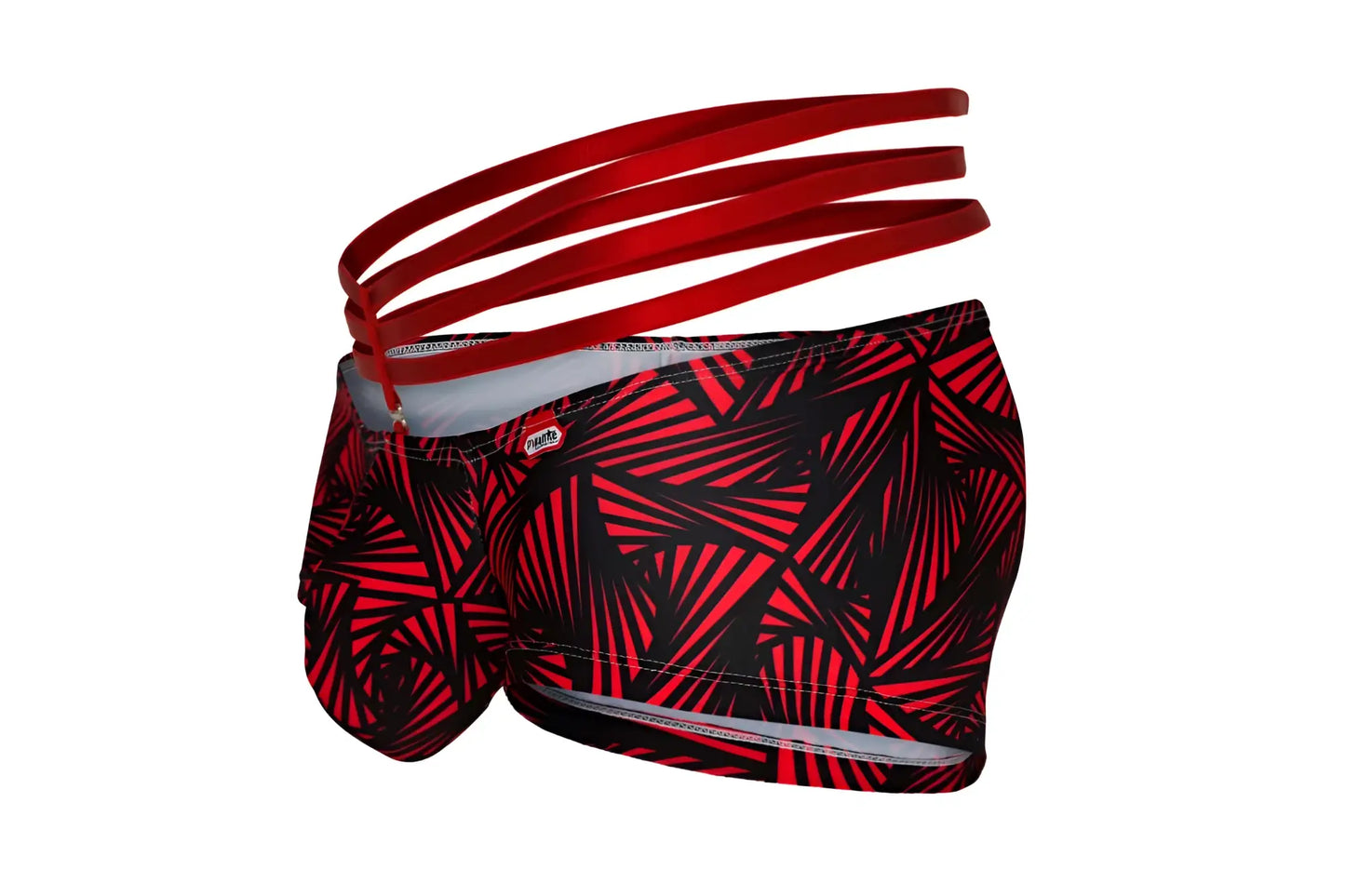 Red and black geometric patterned pikante PIK 1078 fiery trunks with matching red elastic waistband swim trunks