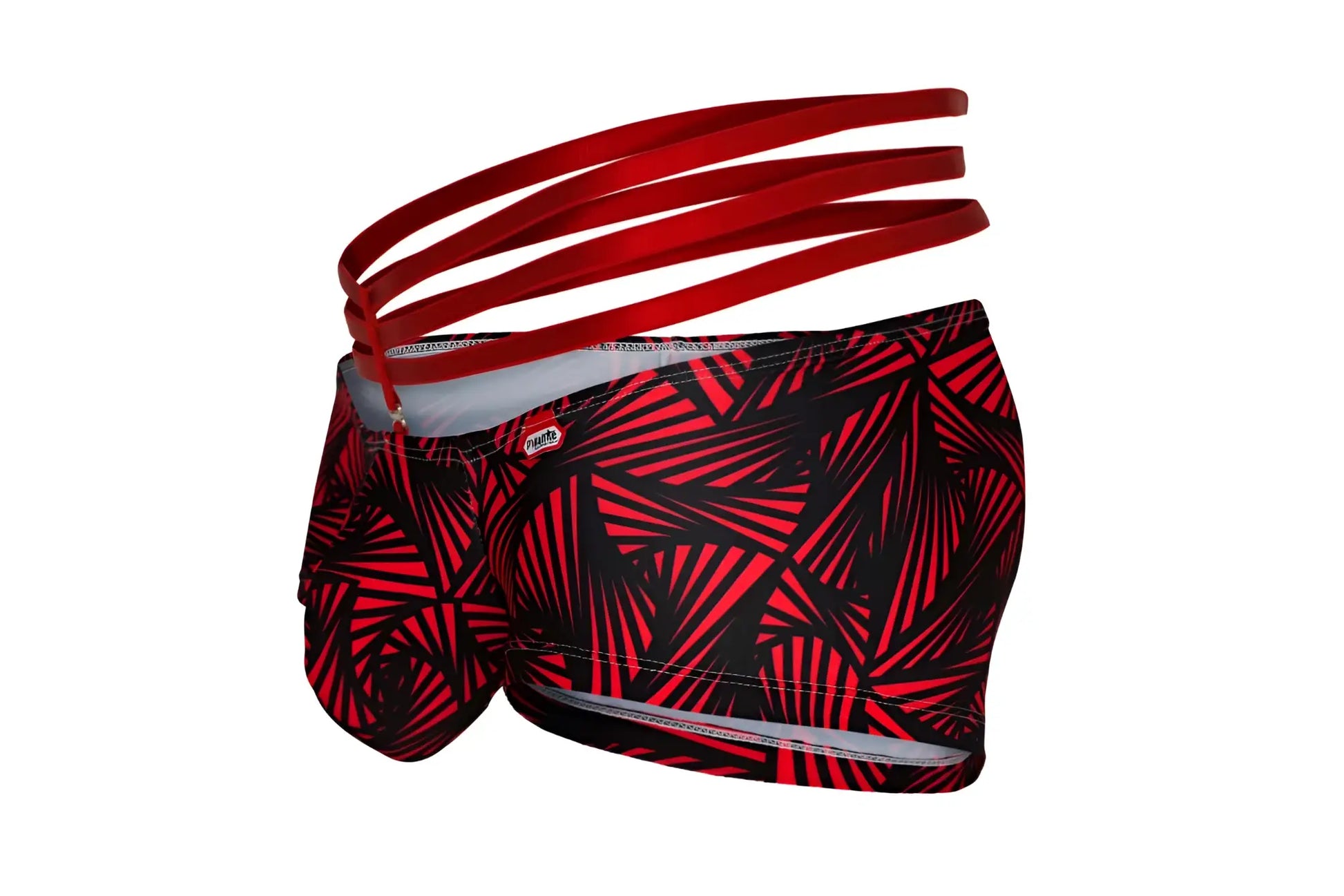 Red and black geometric patterned pikante PIK 1078 fiery trunks with matching red elastic waistband swim trunks