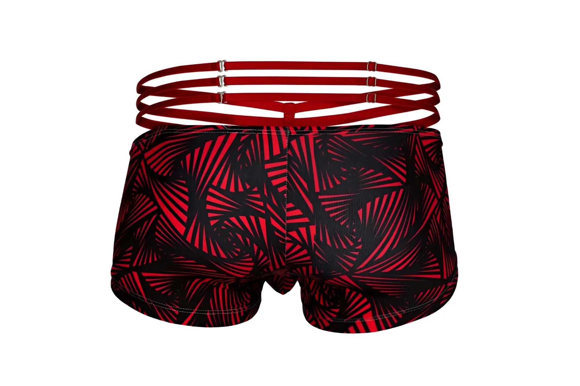 Red and black patterned pikante pik 1078 fiery trunks with multi-strapped waistband for swimwear use