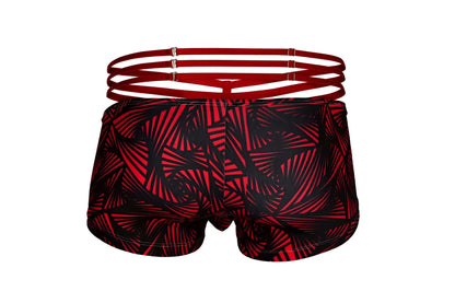 Red and black patterned pikante pik 1078 fiery trunks with multi-strapped waistband for swimwear use