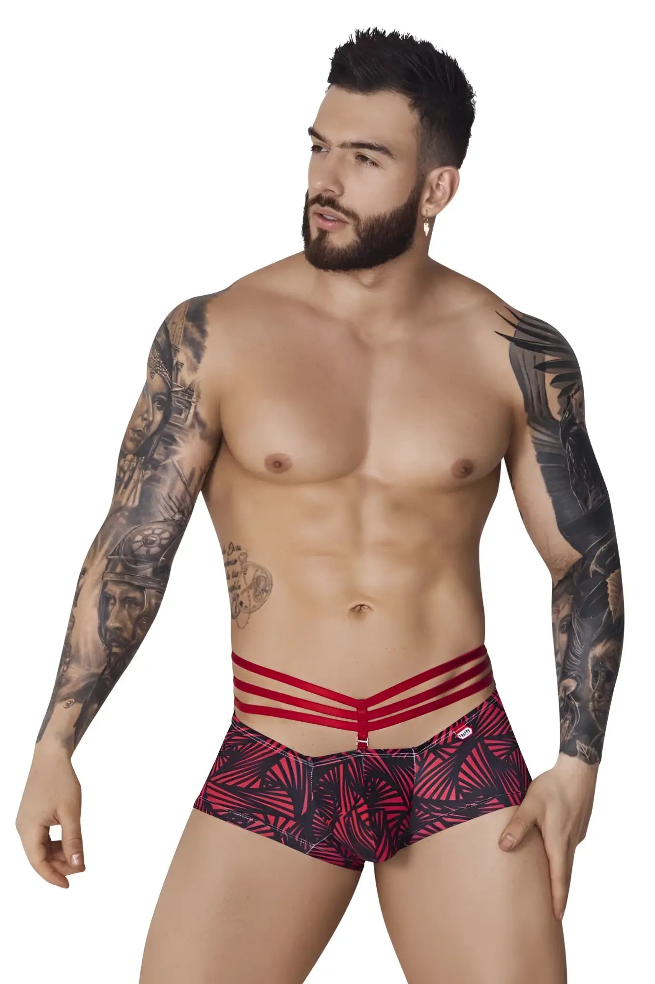 Red and black patterned briefs with three horizontal red straps at the waist from pikante PIK 1078 fiery trunks