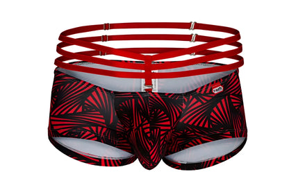 Red and black tropical leaf-patterned men’s briefs with a matching red crisscross waistband by Pikante PIK 1078 fiery trunks