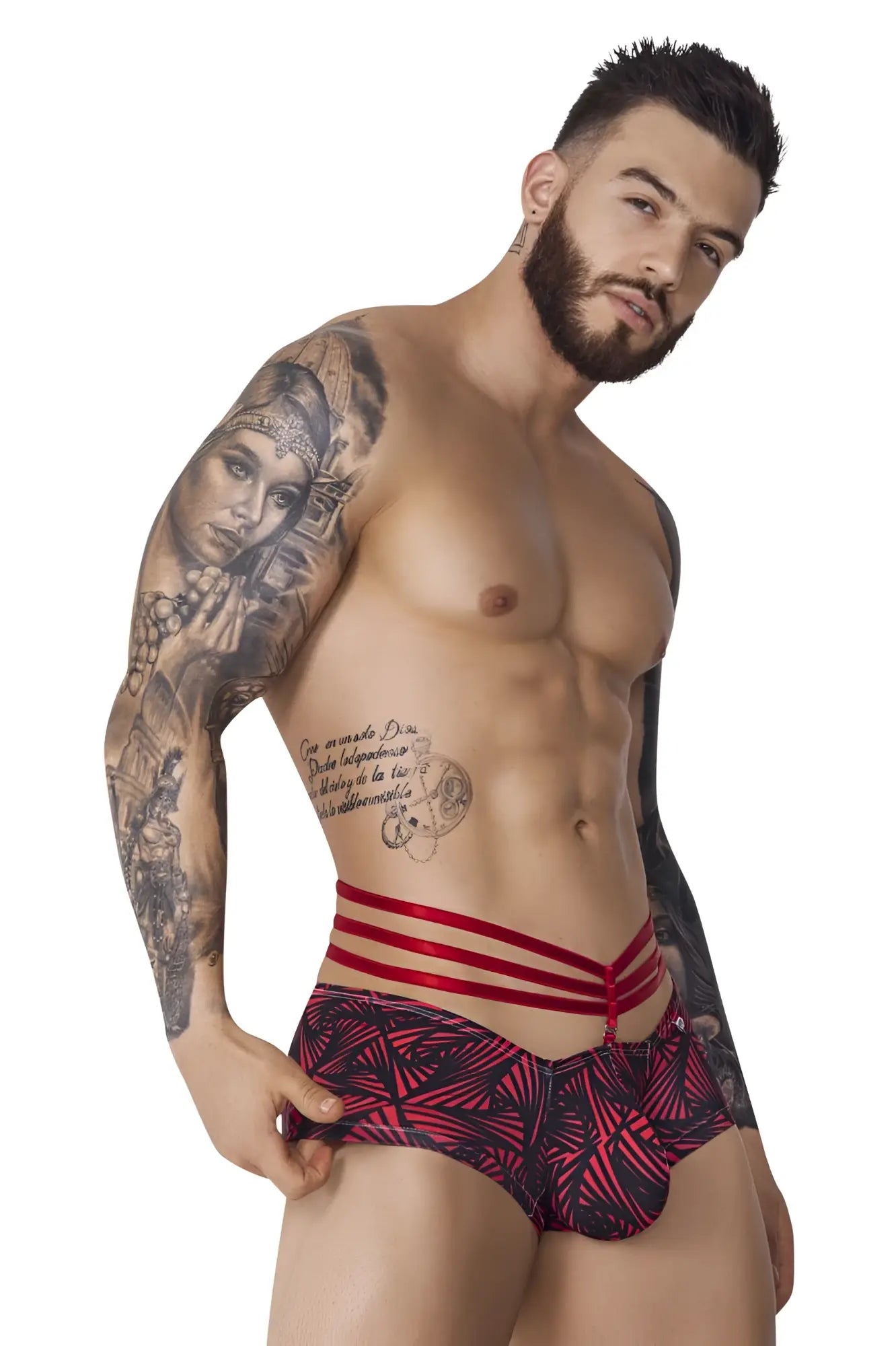 Men’s Pikante PIK 1078 fiery trunks red briefs with black pattern and three horizontal red straps