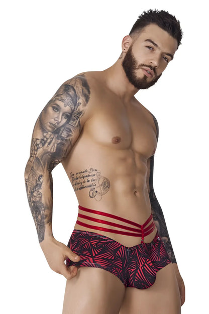 Men’s Pikante PIK 1078 fiery trunks red briefs with black pattern and three horizontal red straps