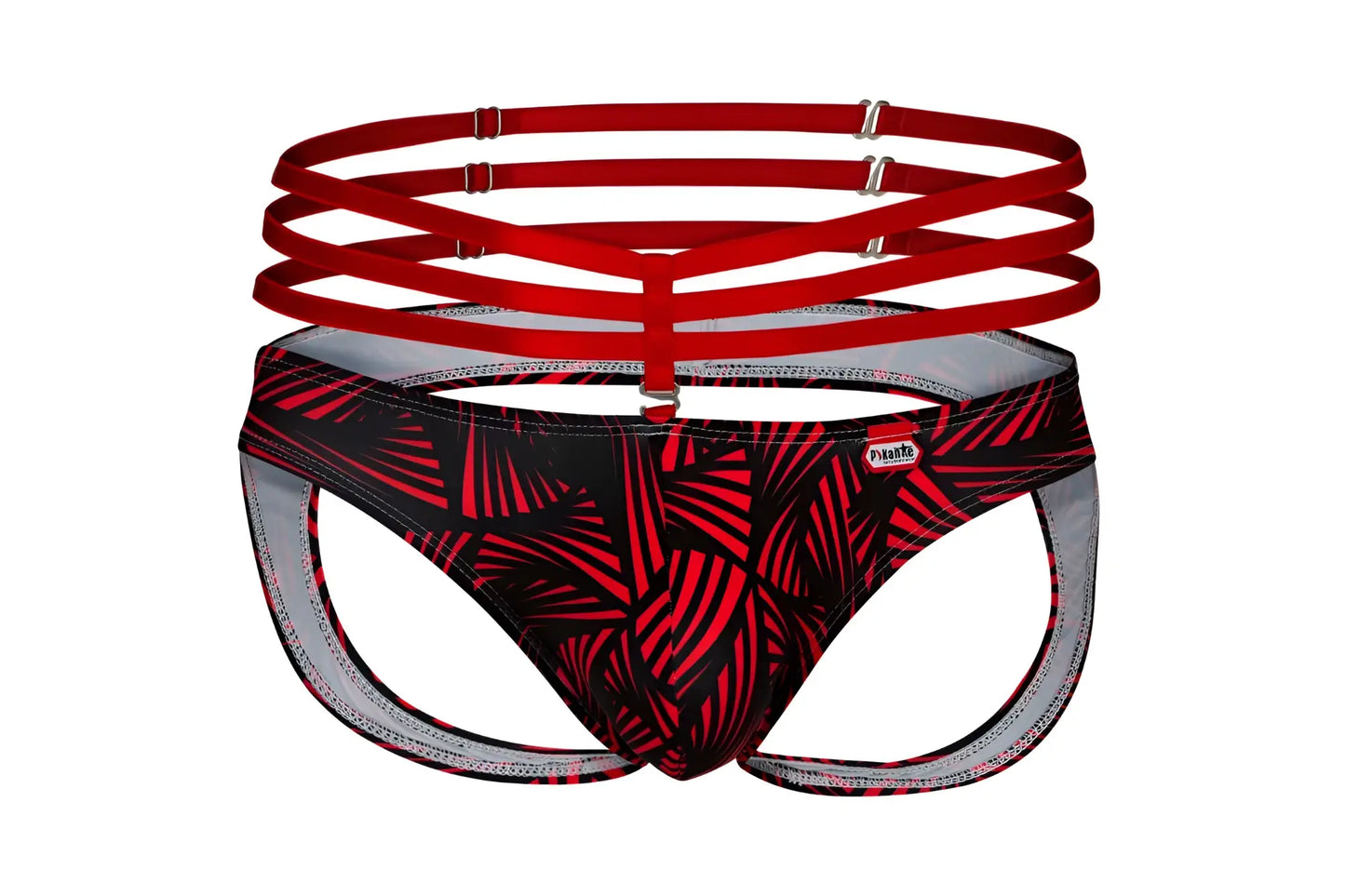 Red and black leaf patterned men’s briefs with matching red multi strapped harness pikante PIK 1080 fiery jockstrap