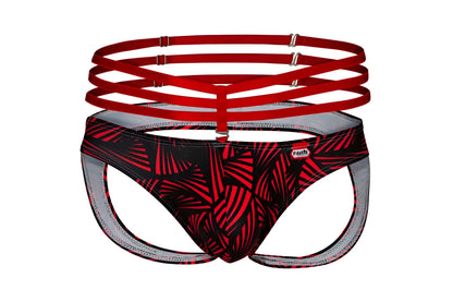 Red and black leaf patterned men’s briefs with matching red multi strapped harness pikante PIK 1080 fiery jockstrap