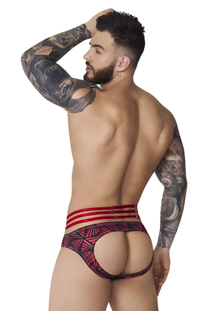 Pikante PIK 1080 fiery jockstrap in red features red and black geometric patterned briefs with a fiery design