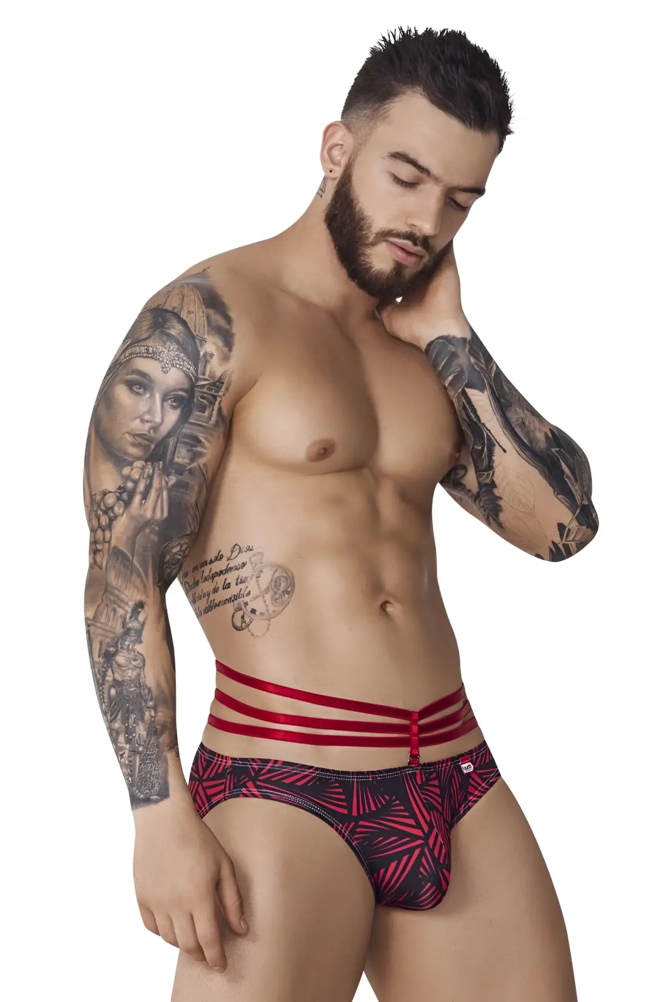 Red and black patterned men’s briefs with three horizontal red stripes on the waistband by pikante pik 1080 fiery jockstrap