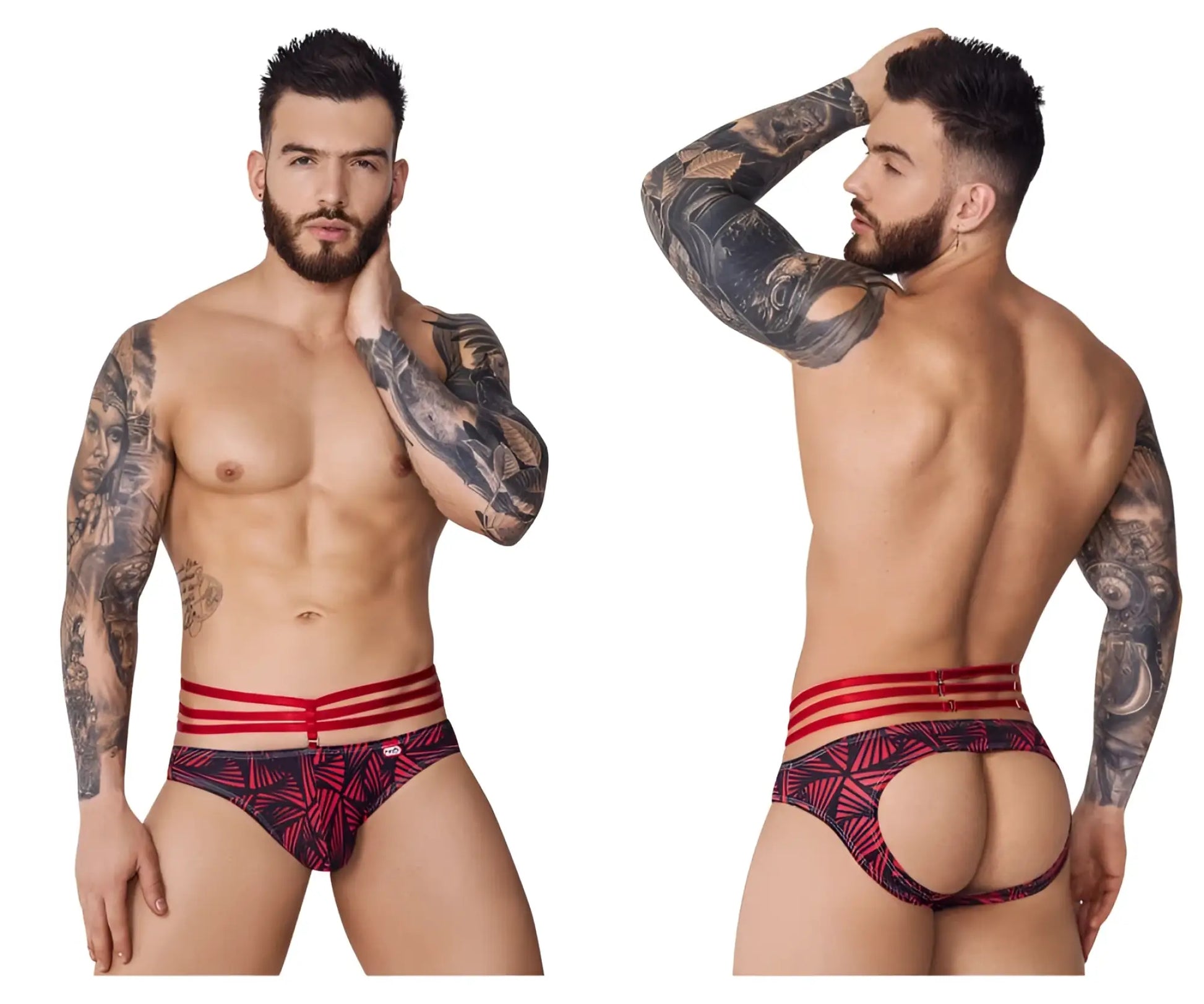 Red and black patterned pikante pIK 1080 fiery jockstrap with three red stripes on waistband in red color