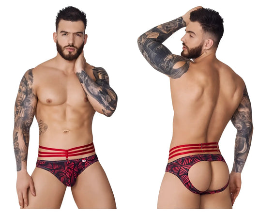 Red and black patterned pikante pIK 1080 fiery jockstrap with three red stripes on waistband in red color