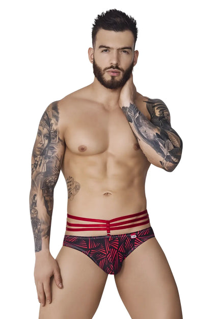 Pikante pik 1080 fiery jockstrap in red with black patterns and three horizontal red stripes on the waistband