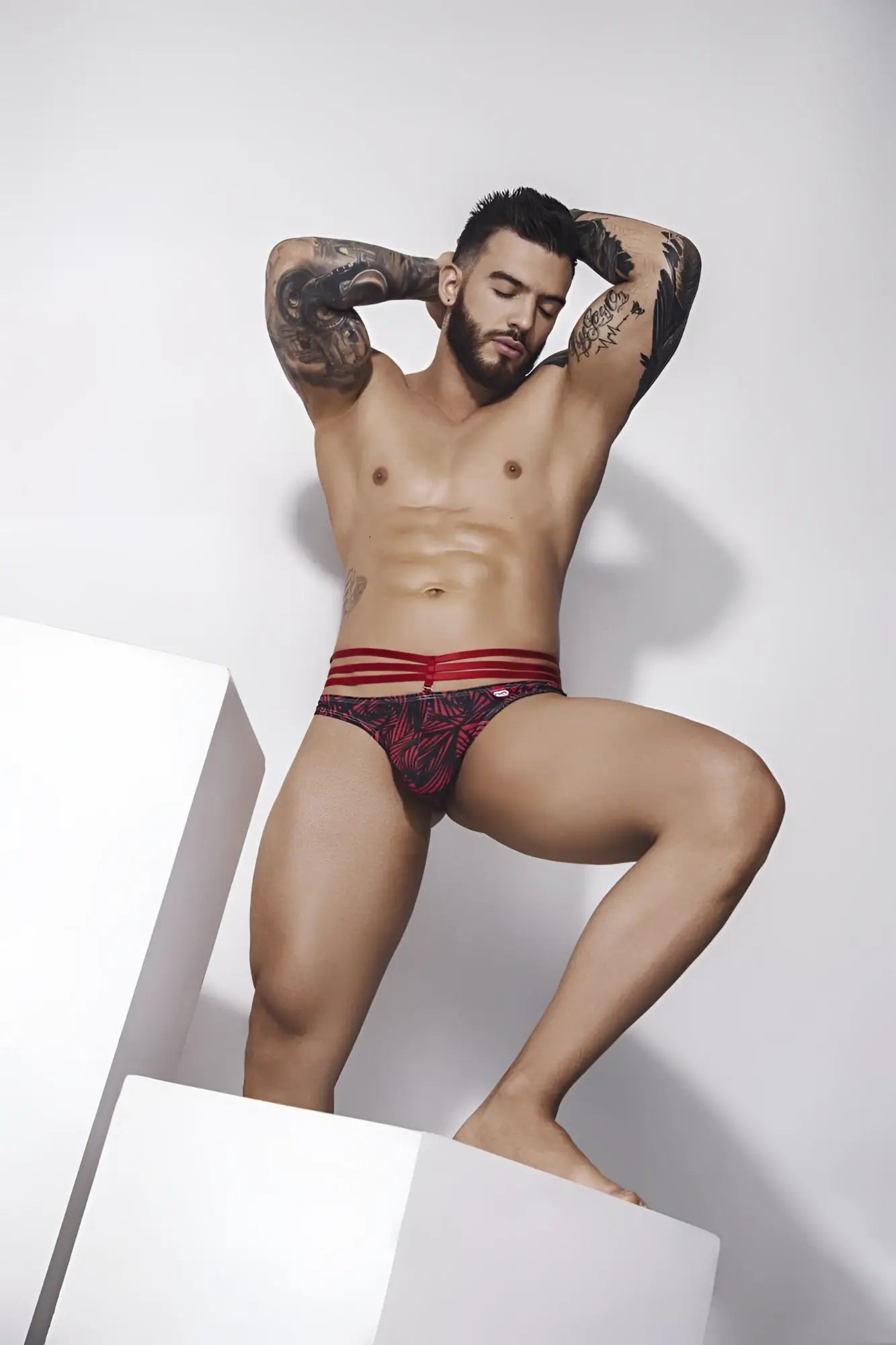 Pikante pik 1080 fiery jockstrap in red with red and black patterned briefs and three red waistband stripes