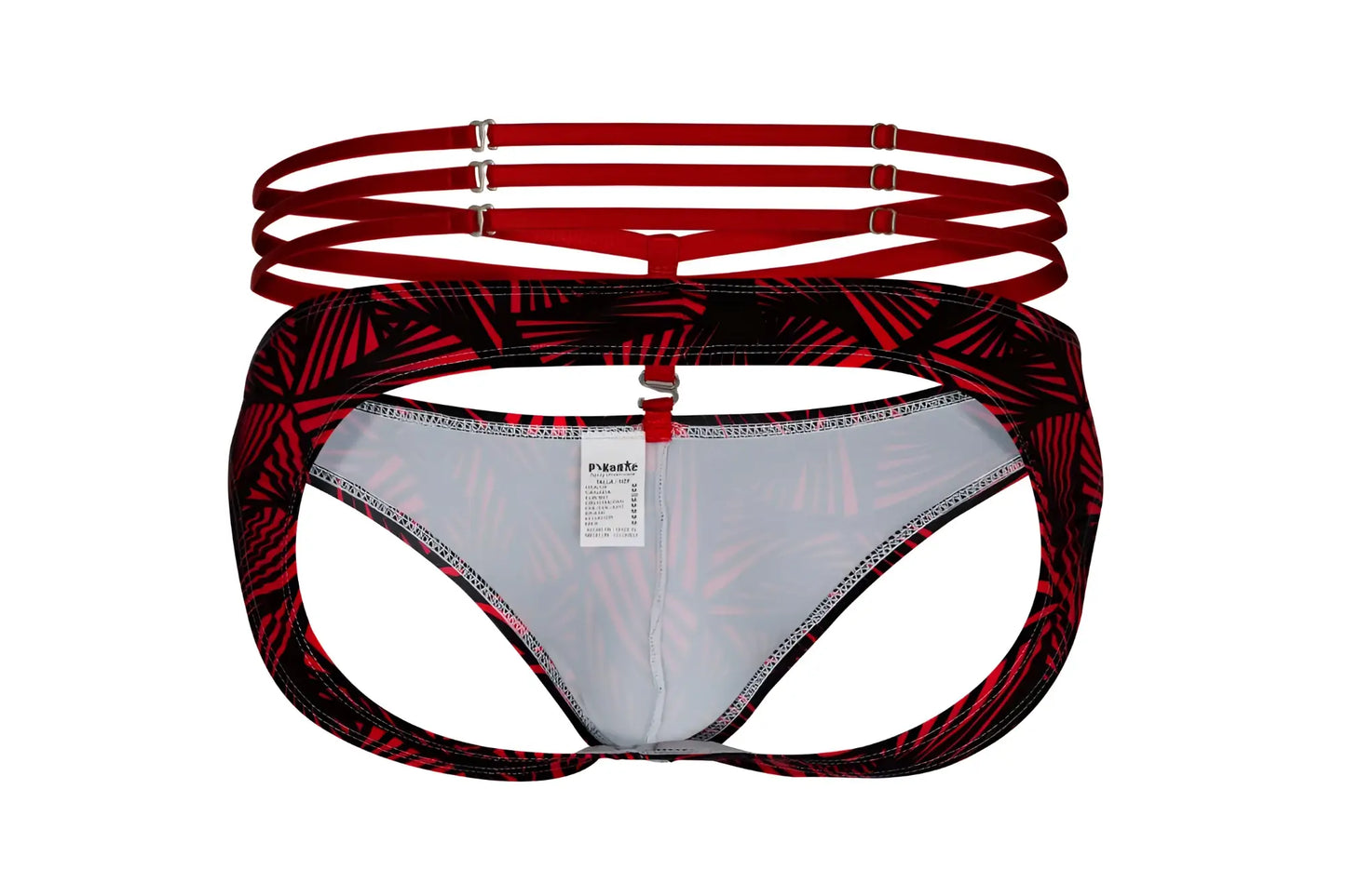 Red and black tropical leaf patterned bikini bottom with white lining and adjustable red straps from pikante PIK 1080 fiery jockstrap