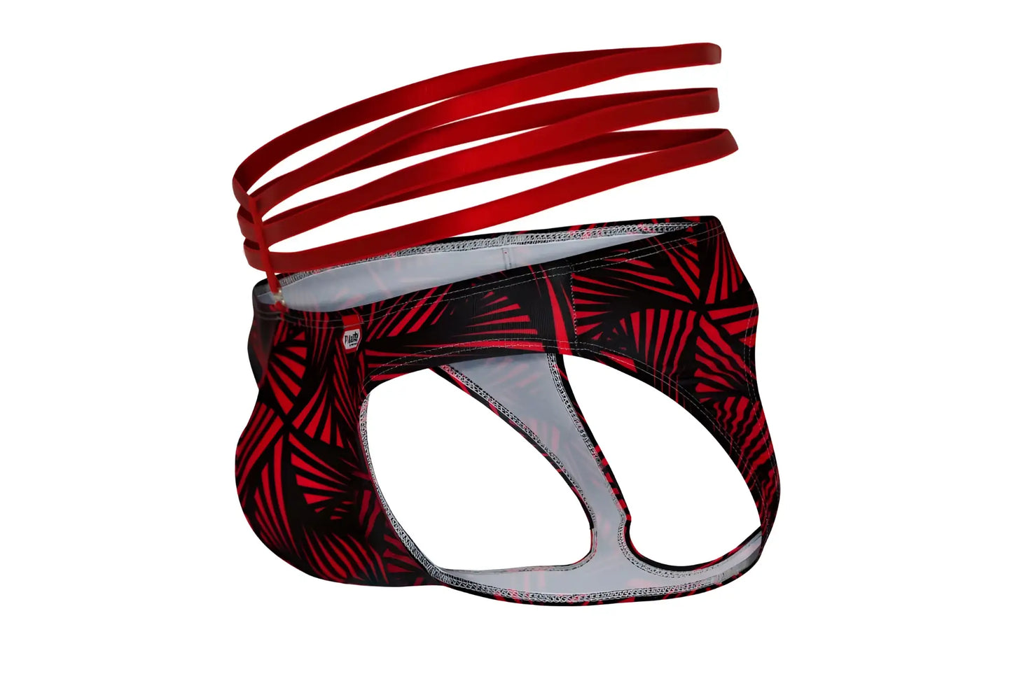 Pikante pik 1080 fiery jockstrap in red with red and black tropical leaf-patterned men’s briefs and matching waistband