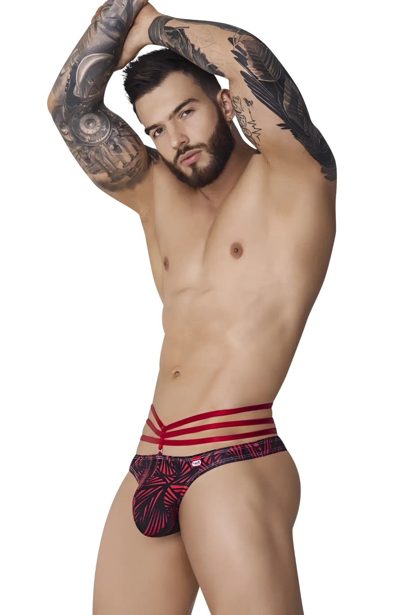Pikante pik 1081 fiery thongs in red feature red and black briefs with bold horizontal stripes at the waistband