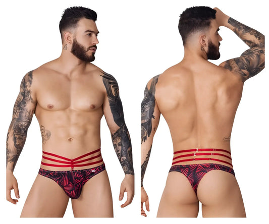 Red and black patterned men’s briefs by pikante with three horizontal red straps across the waist in fiery red