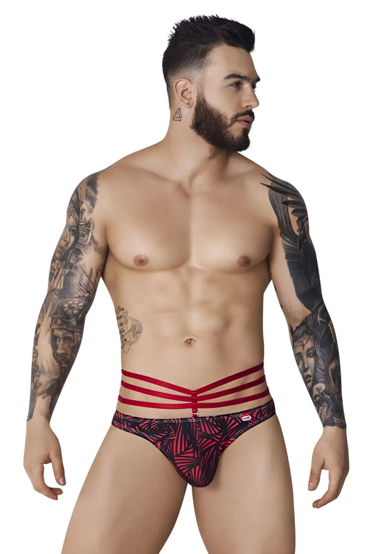 Red and black patterned briefs with three horizontal red straps on the waistband from pikante PIK 1081 Fiery Thongs