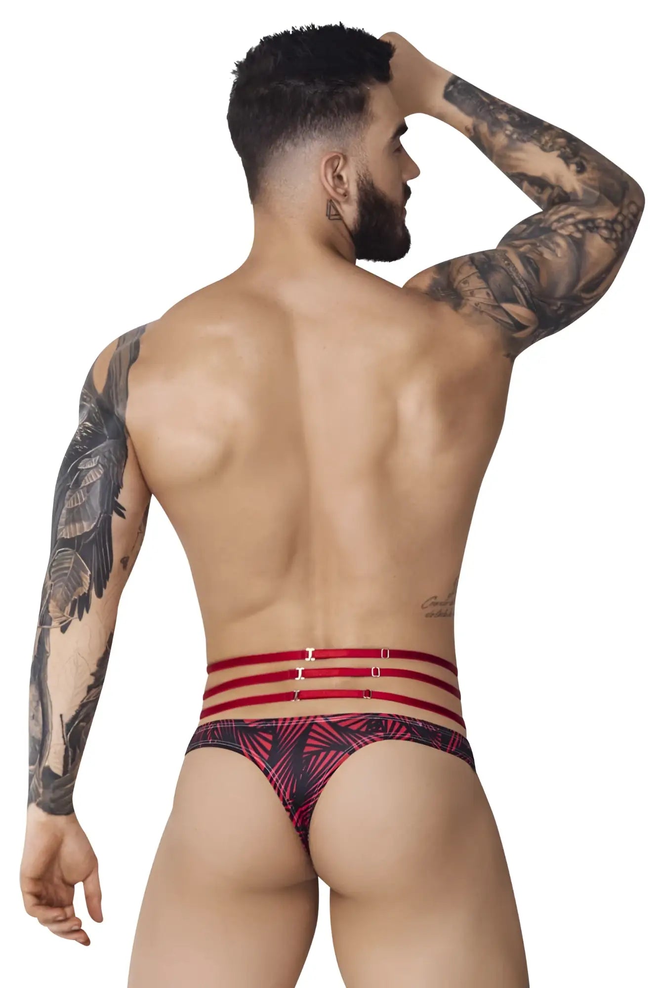 Red and black patterned briefs with three horizontal red straps across the waist from pikante PIK 1081 fiery thongs