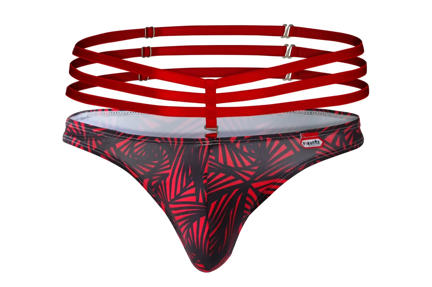 Red and black tropical leaf-patterned thong with matching red multi-strapped harness pikante PIK 1081 fiery thongs