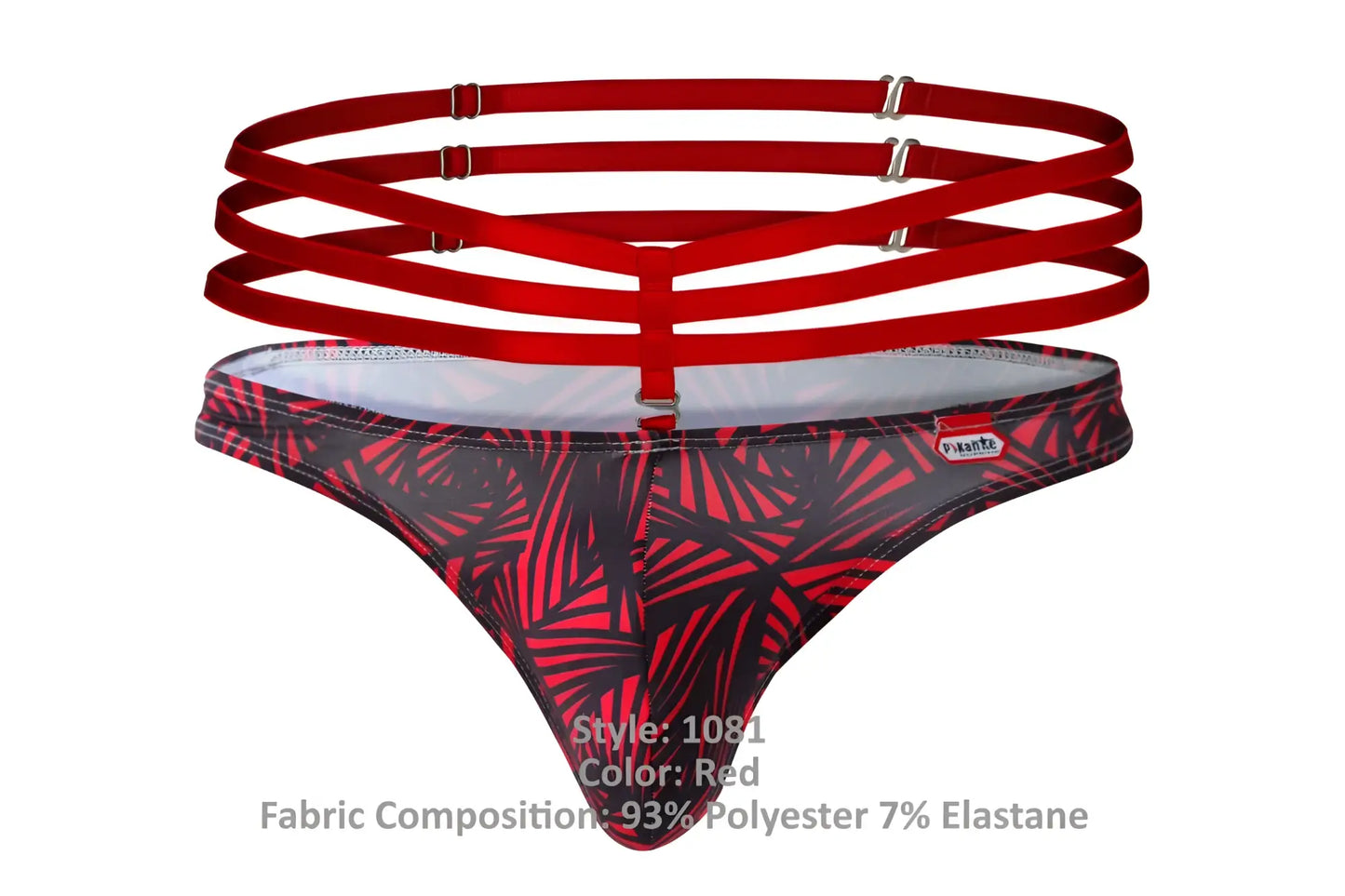 Red tropical leaf-patterned thong with multiple red straps and silver-toned metal clasps by pikante pik 1081 fiery thongs