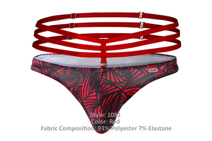 Red tropical leaf-patterned thong with multiple red straps and silver-toned metal clasps by pikante pik 1081 fiery thongs