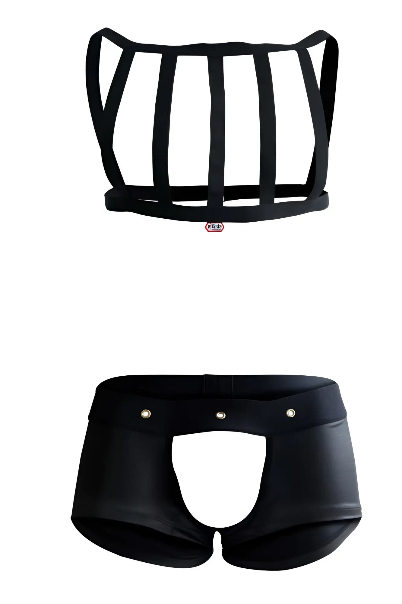 Pikante PIK 1086 black leather-like harness top with vertical straps and matching briefs with silver studs waistband