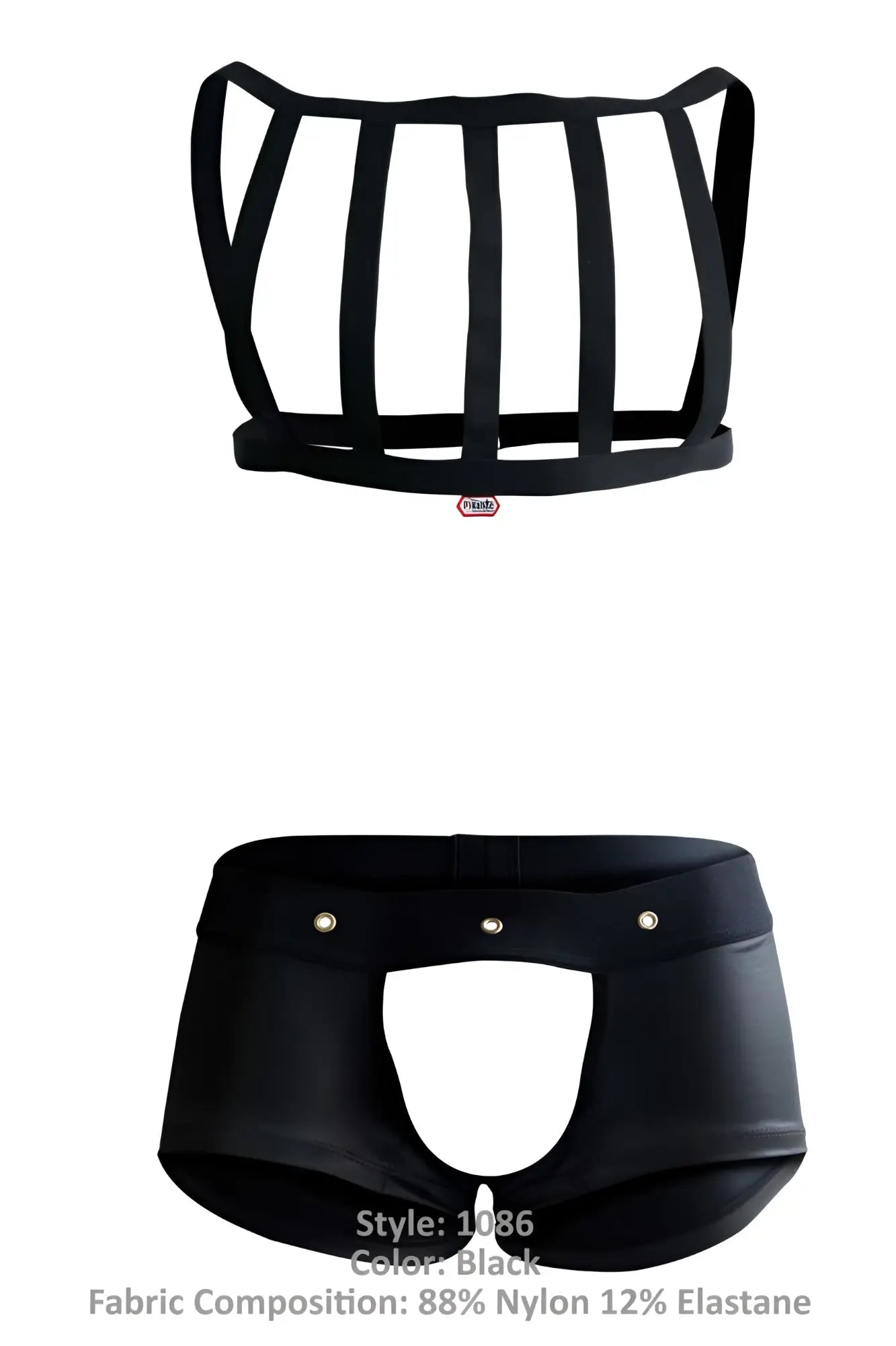 Black sleek form-fitting harness-style top by pikante made of 88 nylon and 12 elastane with structured design
