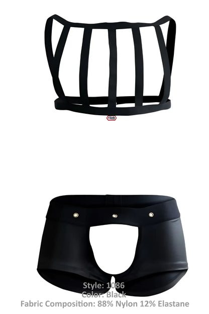 Black sleek form-fitting harness-style top by pikante made of 88 nylon and 12 elastane with structured design