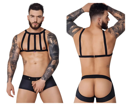 Black strappy men’s lingerie set with front harness design and back-fastening straps from pikante pik 1086 jockstrap
