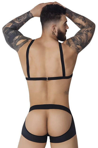 Black form-fitting strappy men’s underwear hard harness jockstrap with back-belt and cutout design by pikante