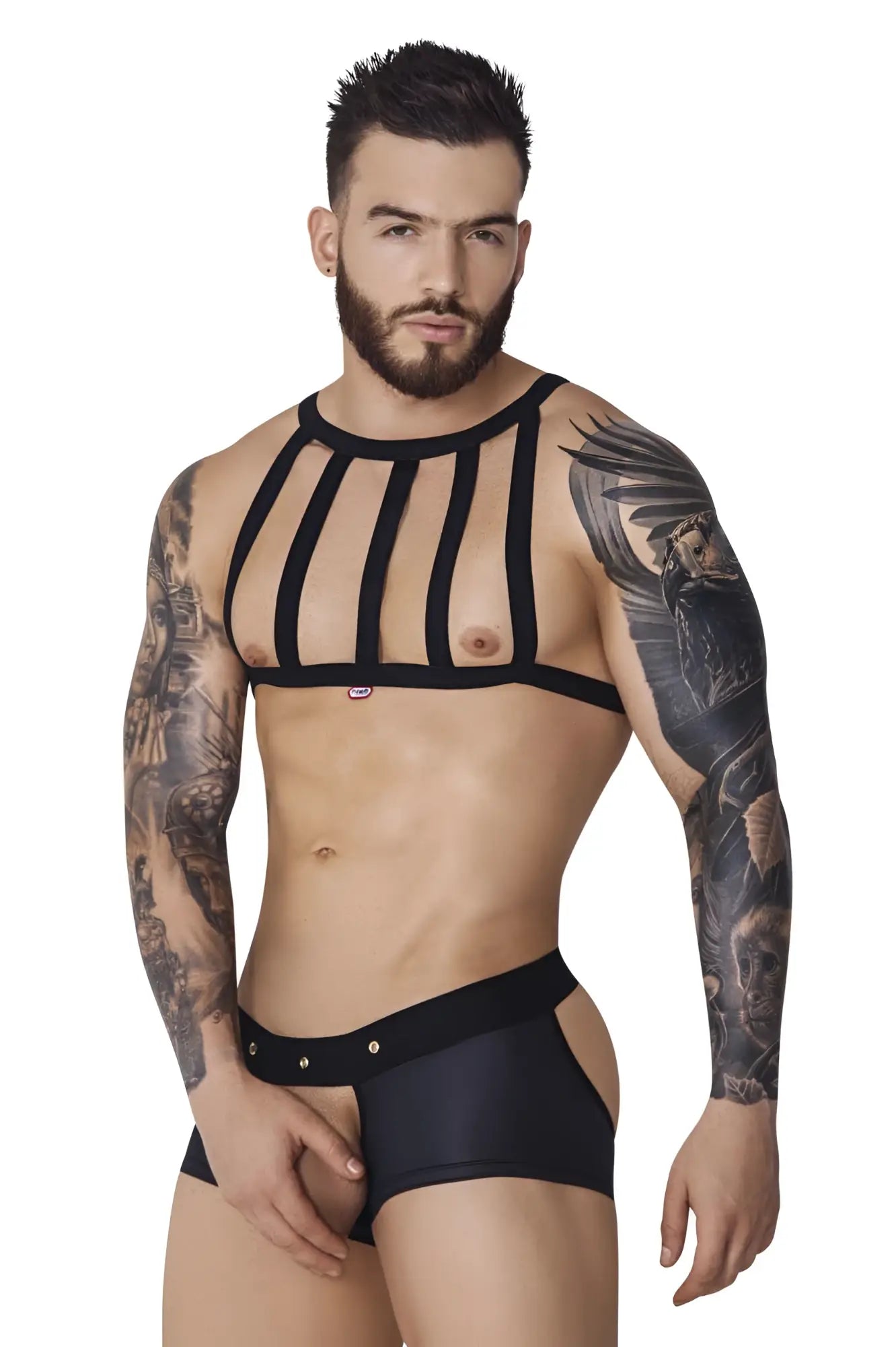 Black strappy harness top with sleek form-fitting design from pikante pik 1086 hard harness jockstrap collection