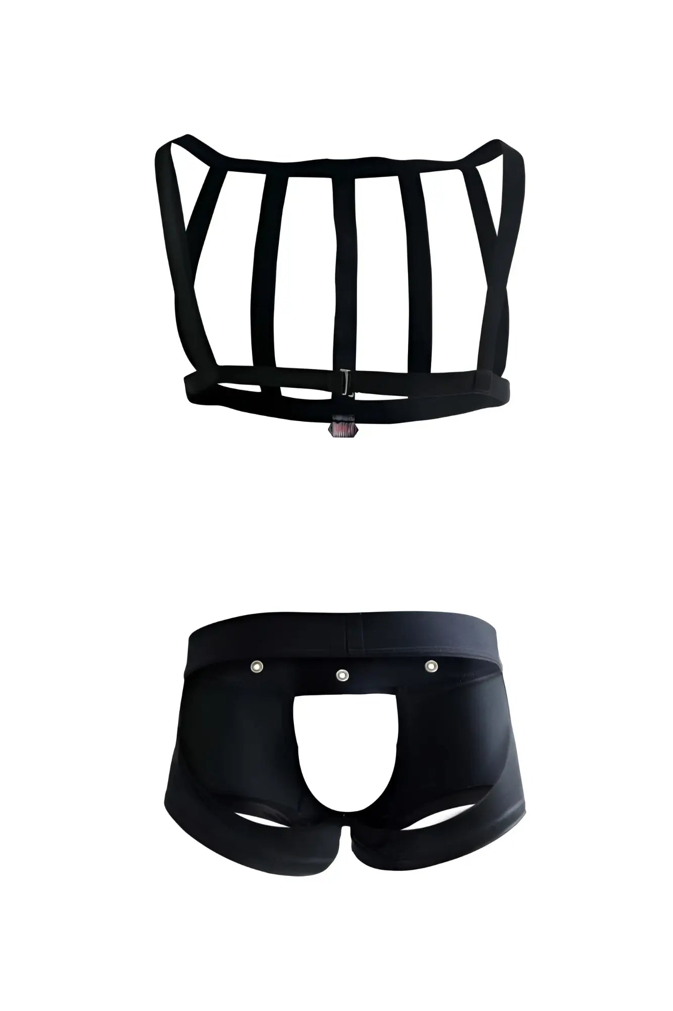 Black harness-style lingerie set pikante pik 1086 with structured cage top and briefs featuring silver hardware