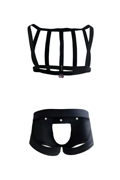 Black harness-style lingerie set pikante pik 1086 with structured cage top and briefs featuring silver hardware