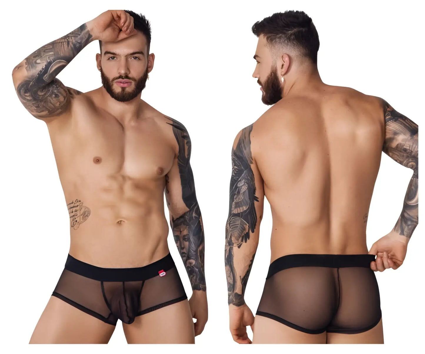 Pikante pik 1090 burly mesh trunks black sheer mesh briefs with black elastic waistband and trim front view