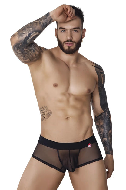 Black sheer mesh briefs with solid waistband and red logo side detail pikante pik 1090 burly mesh trunks black
