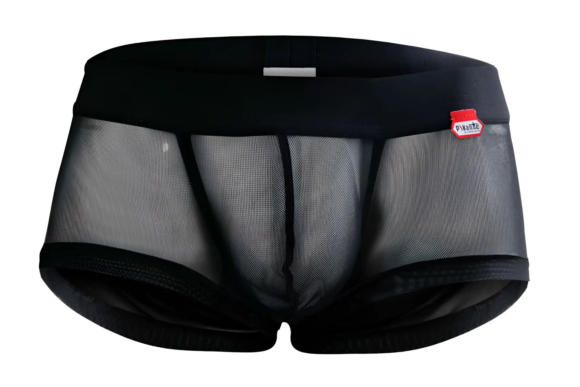 Black pikante pik 1090 burly mesh trunks with solid waistband leg openings and a small red brand tag on the side