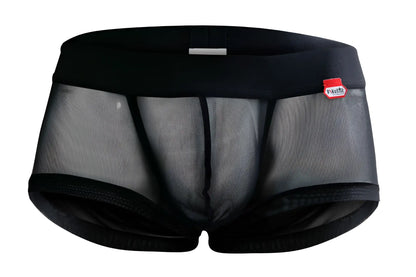 Black pikante pik 1090 burly mesh trunks with solid waistband leg openings and a small red brand tag on the side