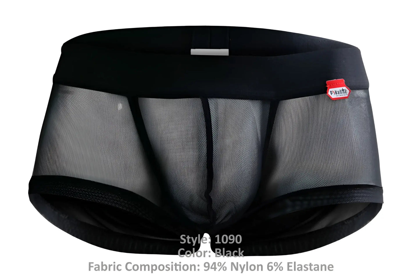 Black pikante PIK 1090 burly mesh trunks with solid waistband trim and a red brand tag on the side