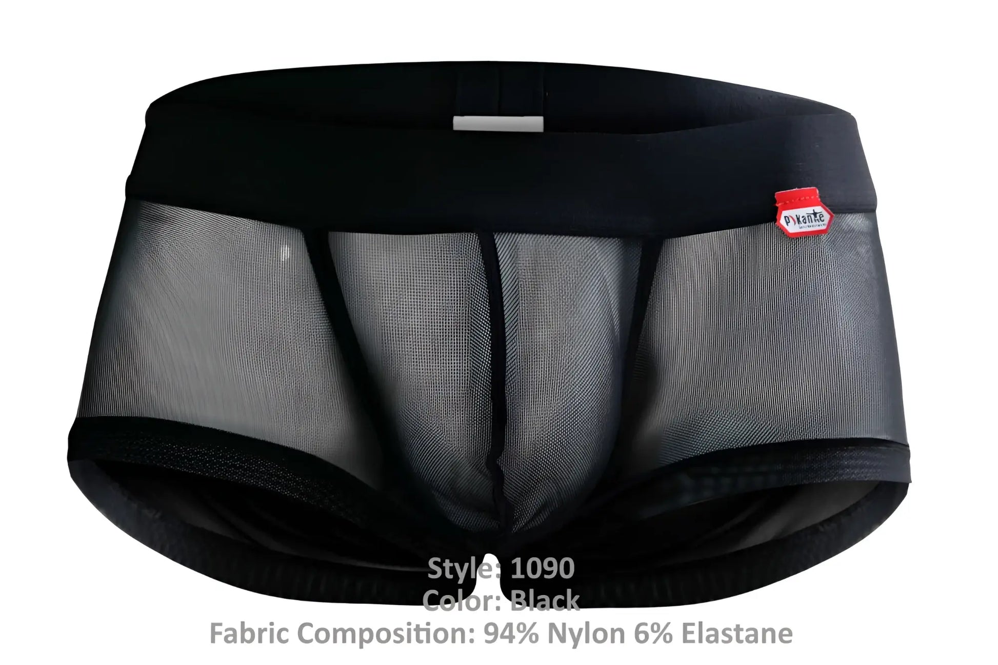 Black pikante PIK 1090 burly mesh trunks with solid waistband trim and a red brand tag on the side