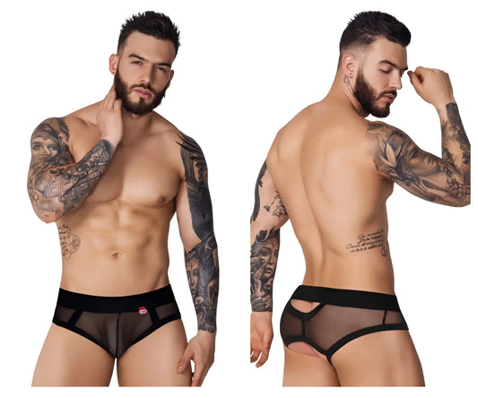 Black pikante PIK 1091 burly mesh briefs with sheer fabric, black elastic waistband, and reinforced side panels