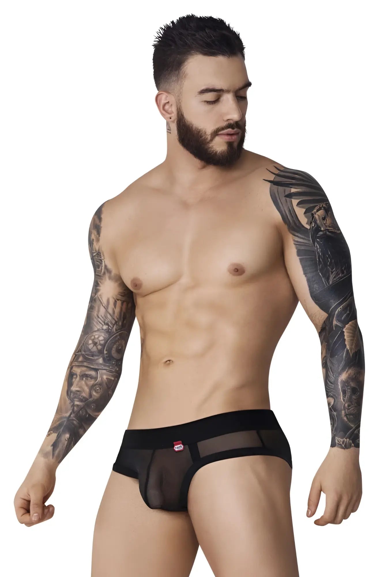Black sheer mesh briefs with solid waistband and red logo on left side from pikante pik 1091 burly mesh briefs color black