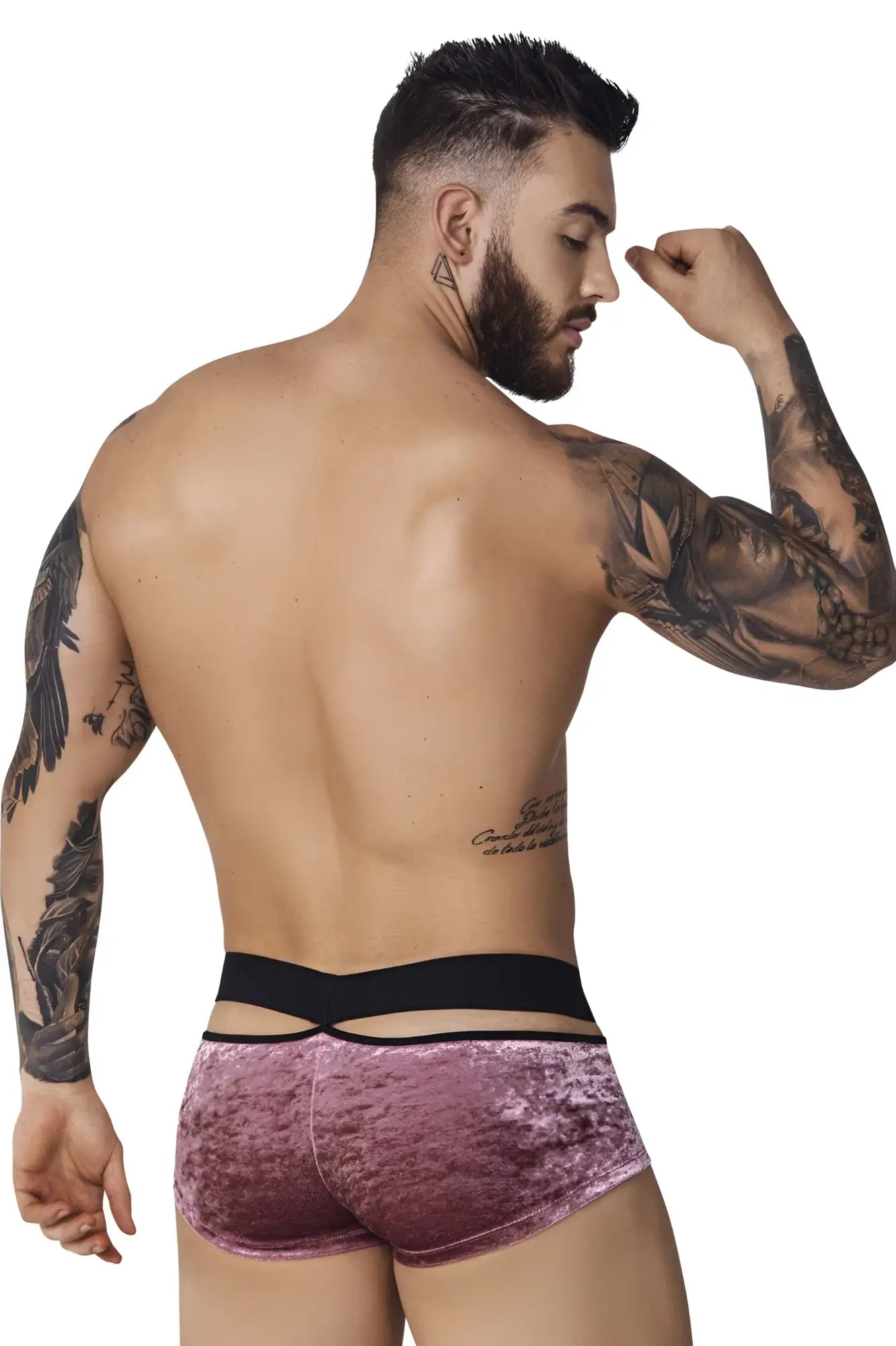 Pink velvet briefs with a black elastic waistband pikante pik 1096 clandestine velvet trunks color pink front view